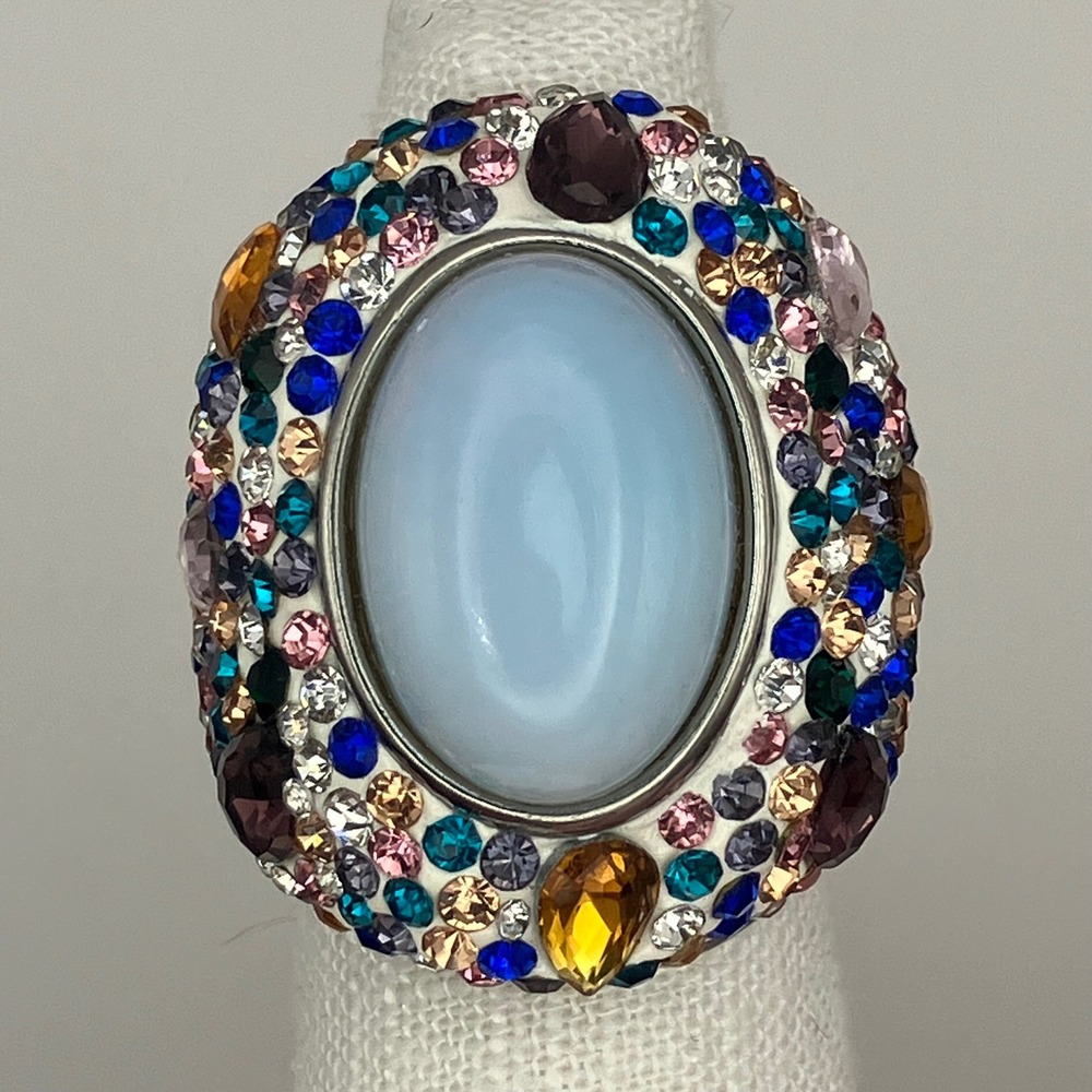Bold Colorful Crystal Ring Womens Size 6 Blue Stainless Steel Cocktail Statement
